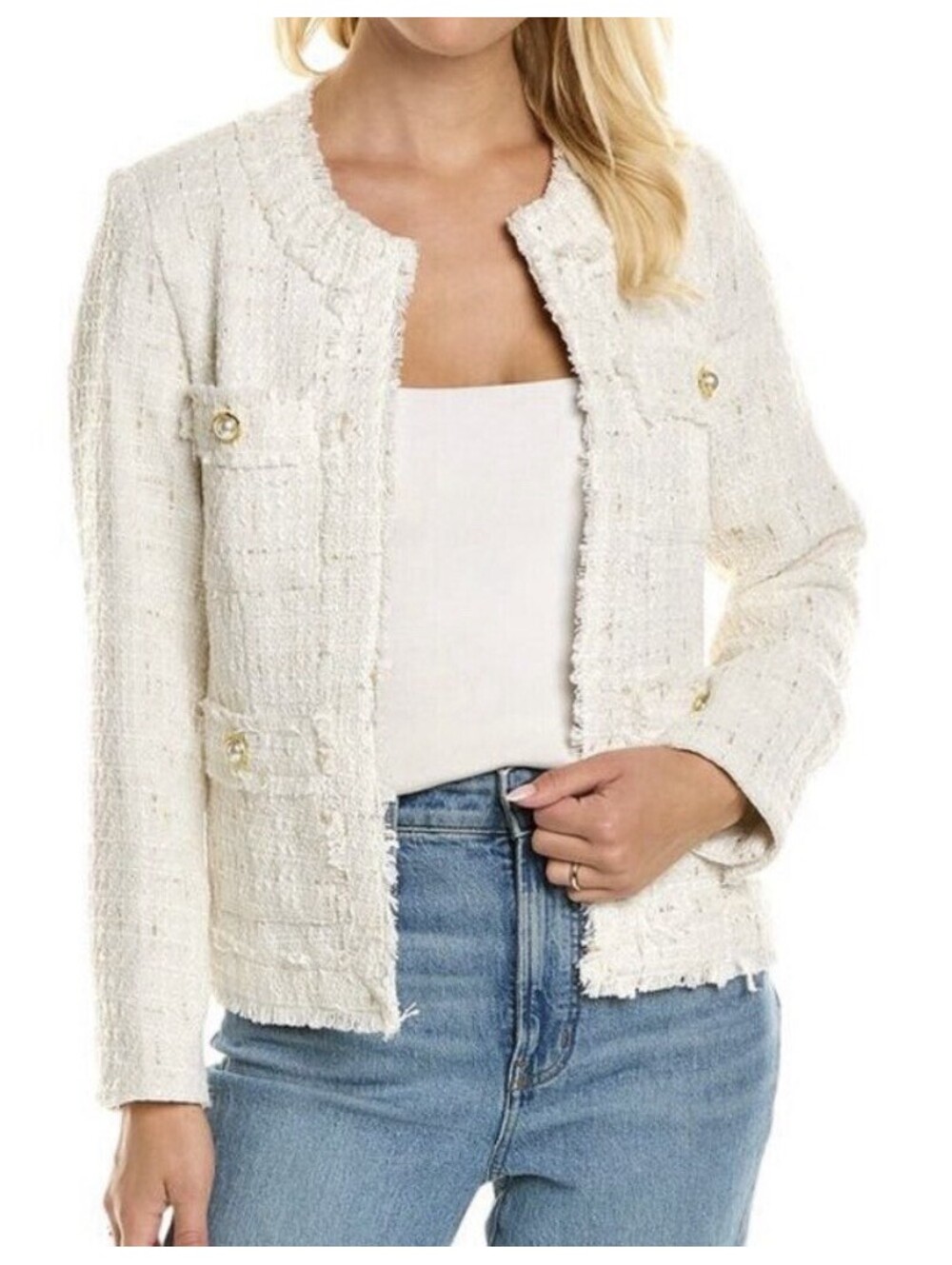 Nanette Lepore Cream White Boucle Tweed Jacket White Gold Pearl Buttons